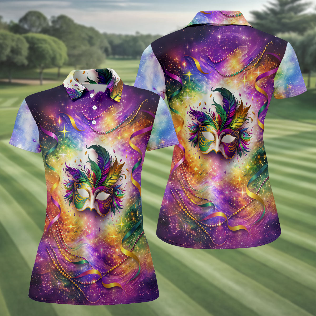 Carnival Mask Feather Print Purple Green Gold Dazzling Effect Mardi Gras Women's Golf Tops, Ladies Golf Shirts