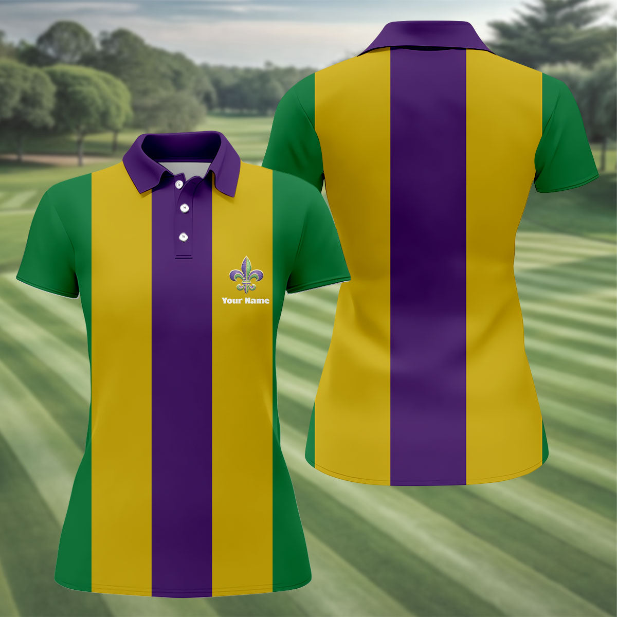 Vertical Stripes Purple Green Gold Mardi Gras Golf Shirt, Women's Golf Shirts, Ladies Golf Polos