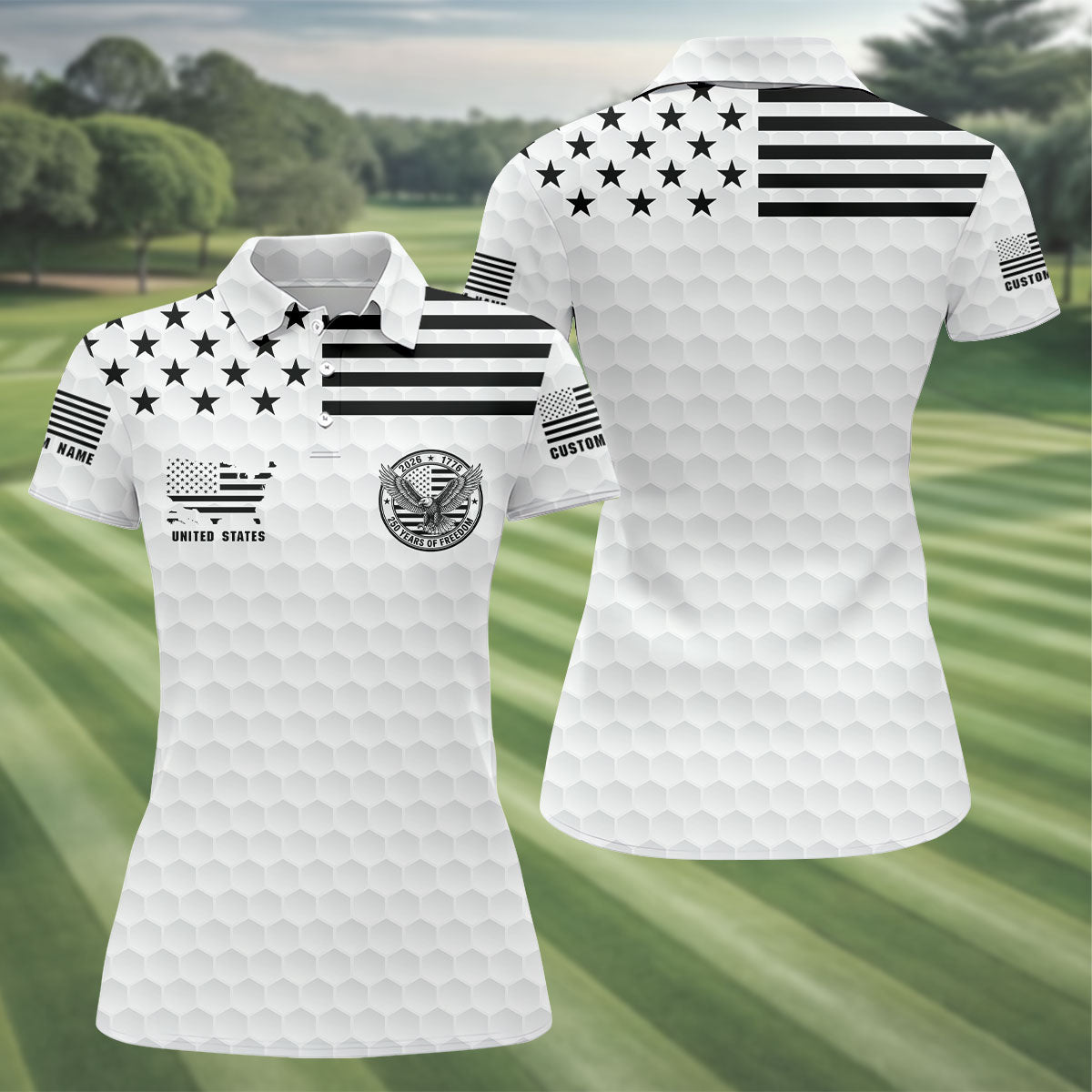250 Years Of Freedom Golf Ball Pattern White Golf Shirt, 4th Of July Patriotic Golf Shirt For Women