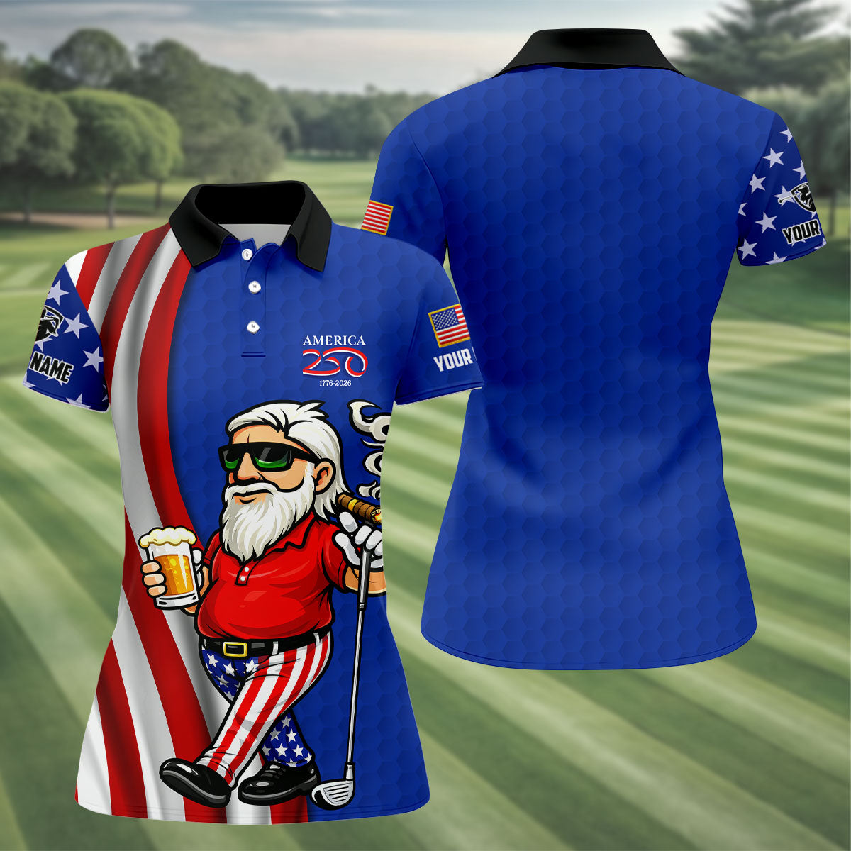 America 250 Patriotic Man 4th Of July Navy Golf Shirt, Golf And Beer Women's Golf Tops