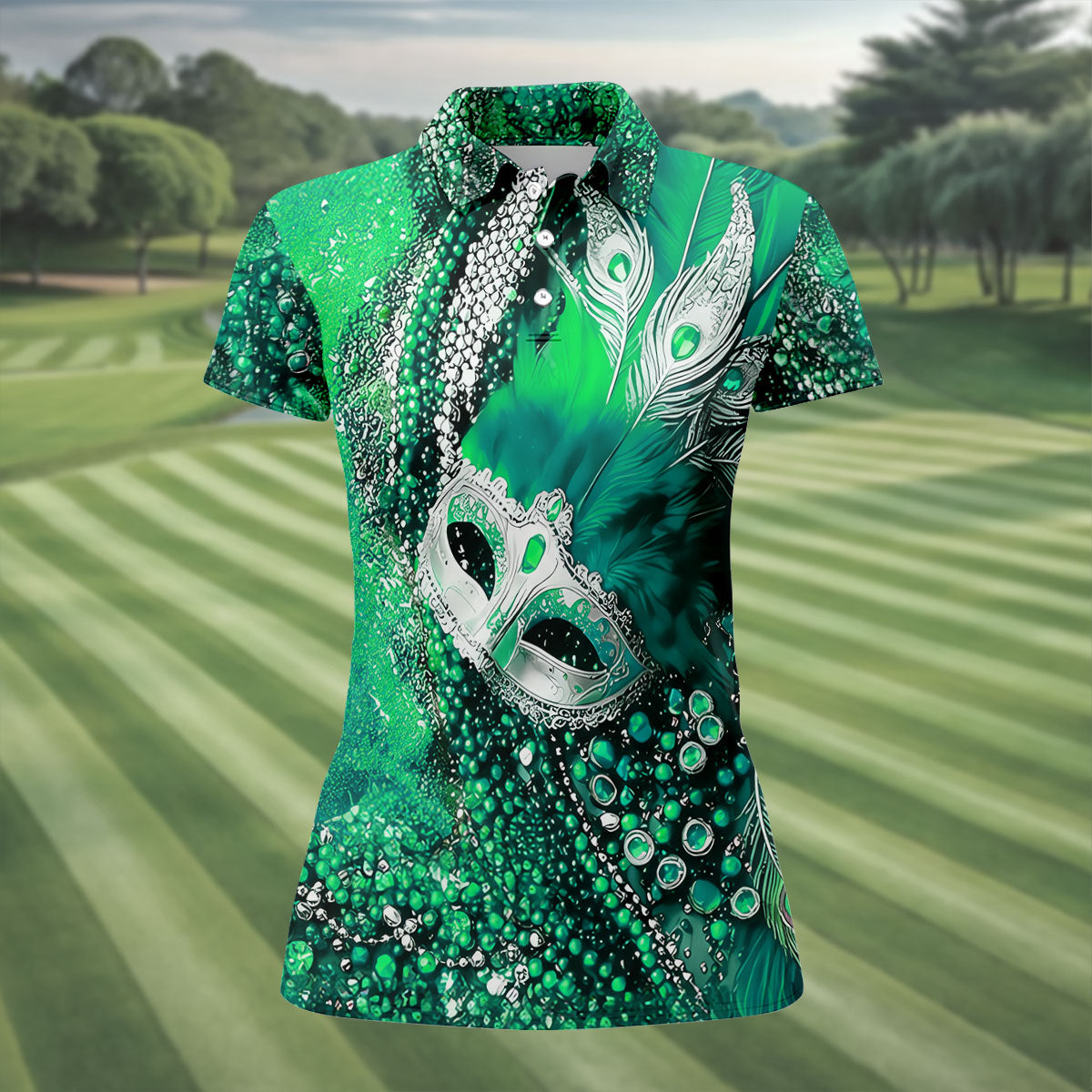 Mardi Gras Masquerade Mask Feather Beads Green Golf Shirt, Women's Golf Tops, Ladies Golf Polos