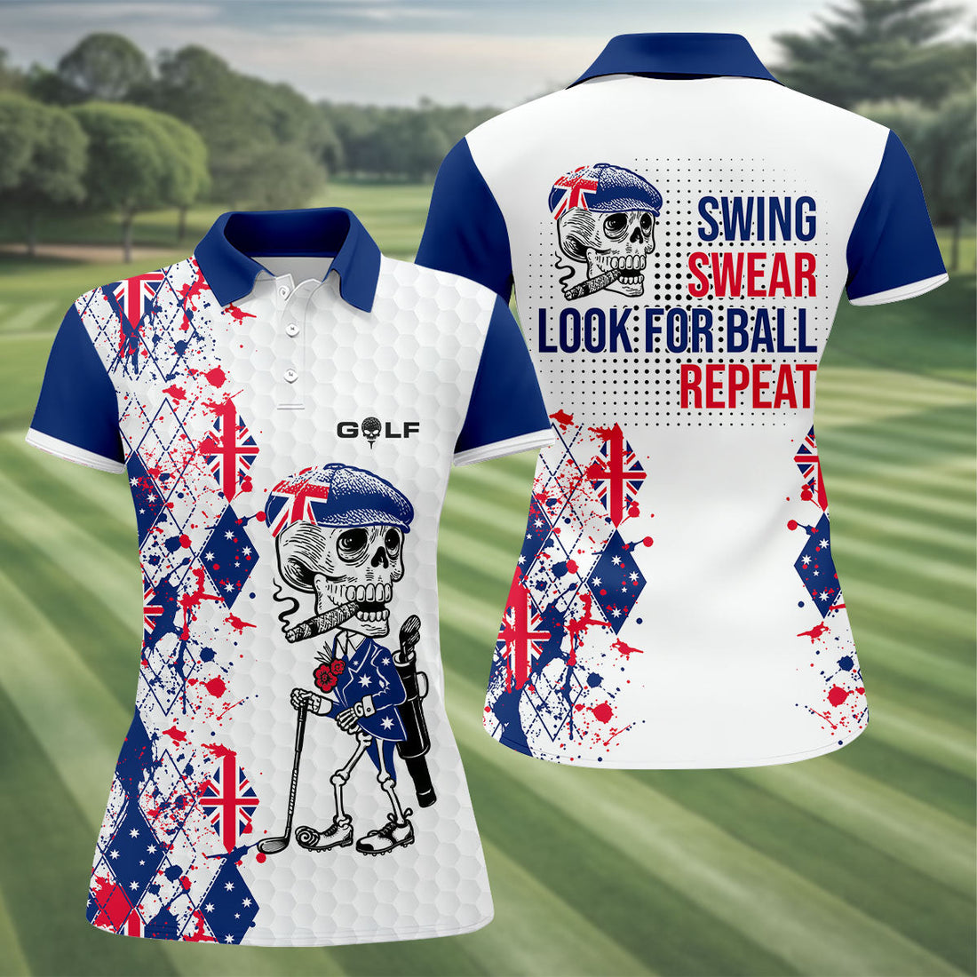 Swing Swear Look For Ball Repeat Australia Flag Print Skeleton Golfer Argyle Golf Shirt, Women's Golf Tops