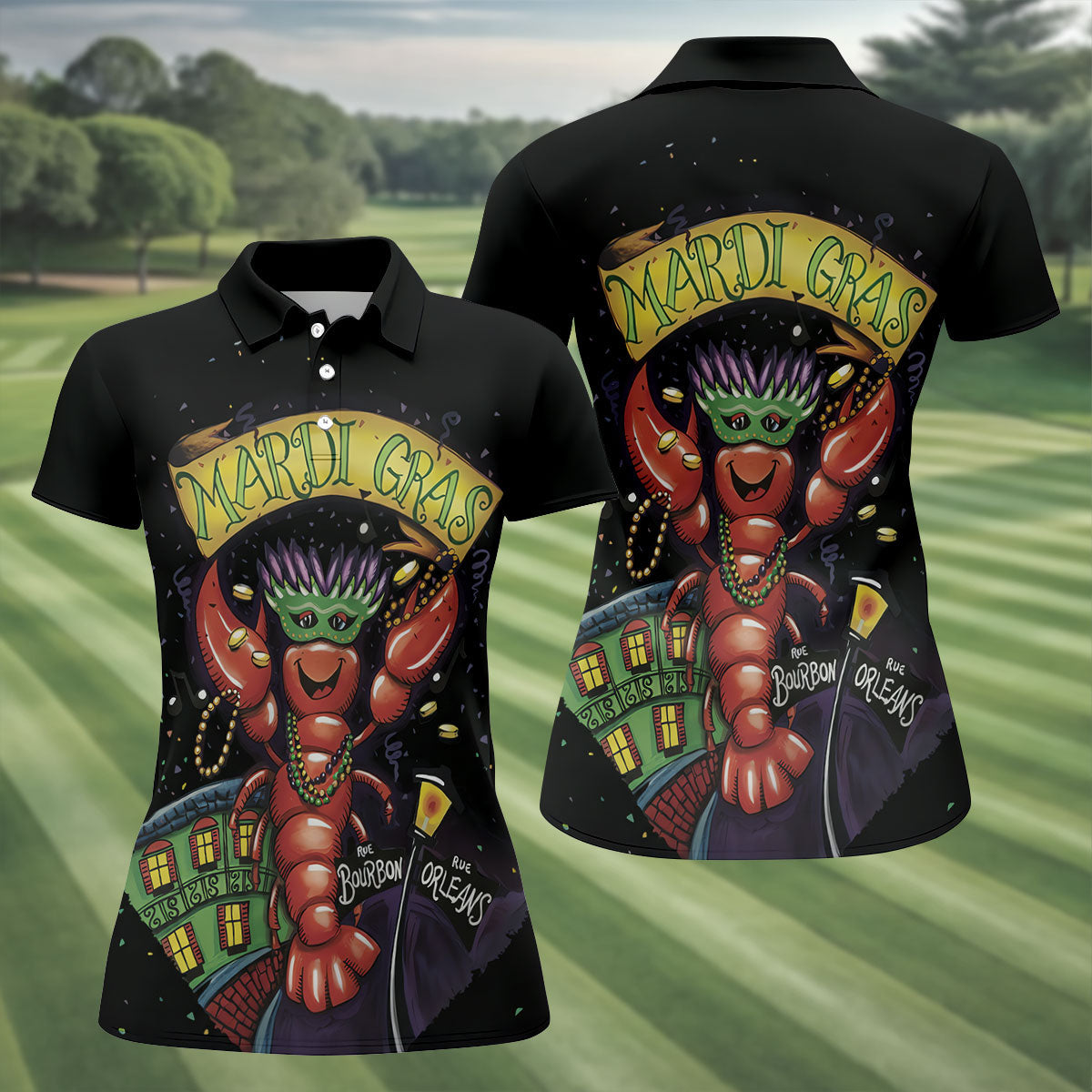 Mardi Gras Crawfish Rue Bourbon Black Golf Shirt, Women's Golf Tops, Ladies Golf Shirt