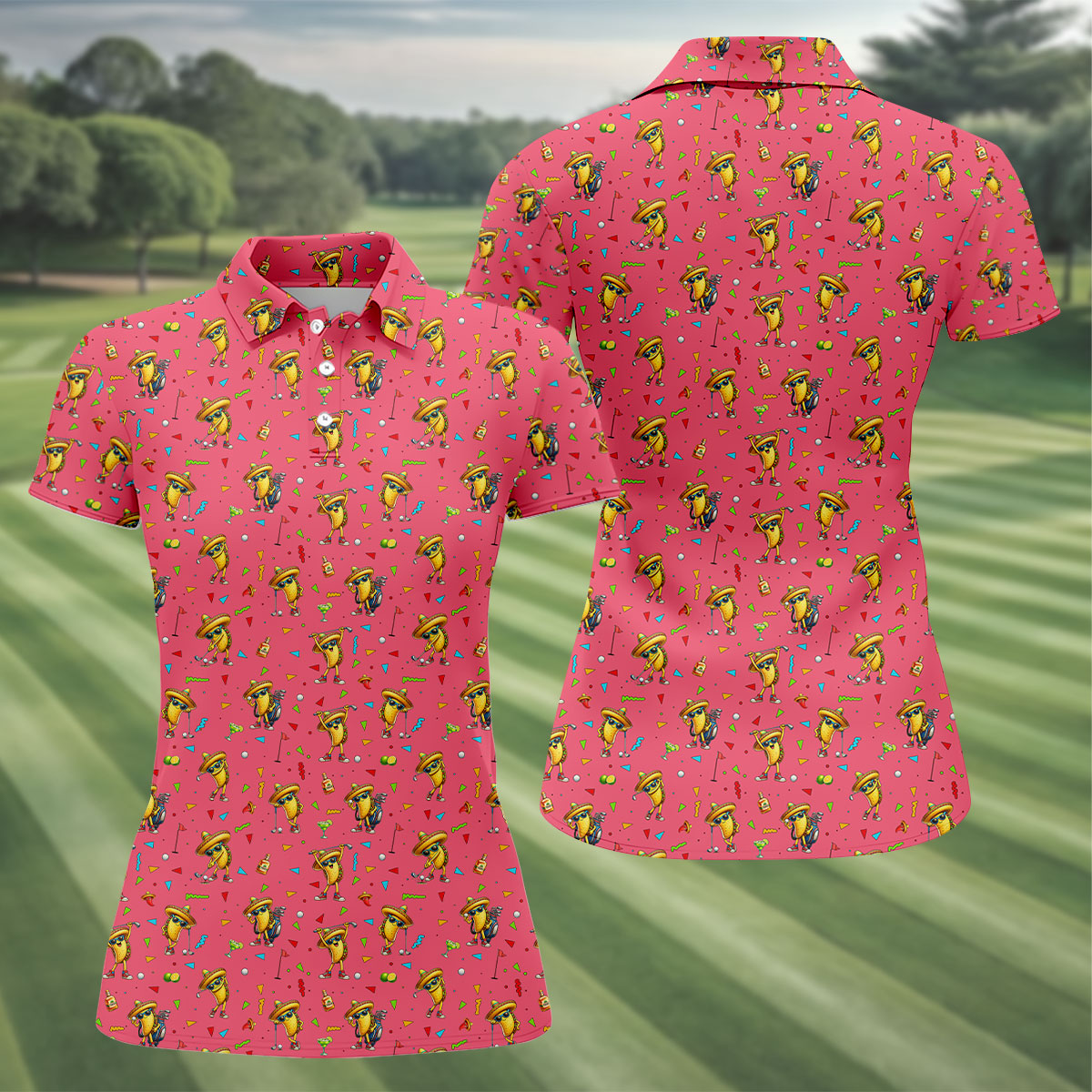 Fairway Fiesta Taco Margarita Mexico Theme Pink Golf Shirt, Women Golf Shirts, Ladies Golf Shirt