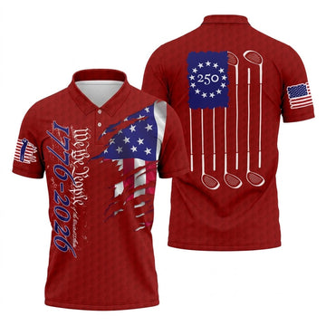 We The People Distressed American Flag Red Golf Shirt, 4th Of July Golf Shirts For Men