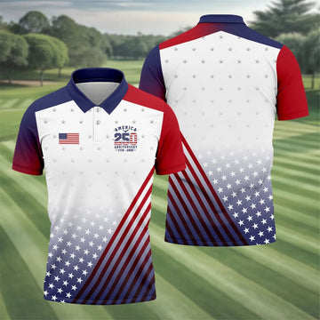 America 250 Anniversary 1776-2026 Flag Logo Golf Shirts For Men, Patriotic 4th Of July Golf Shirt