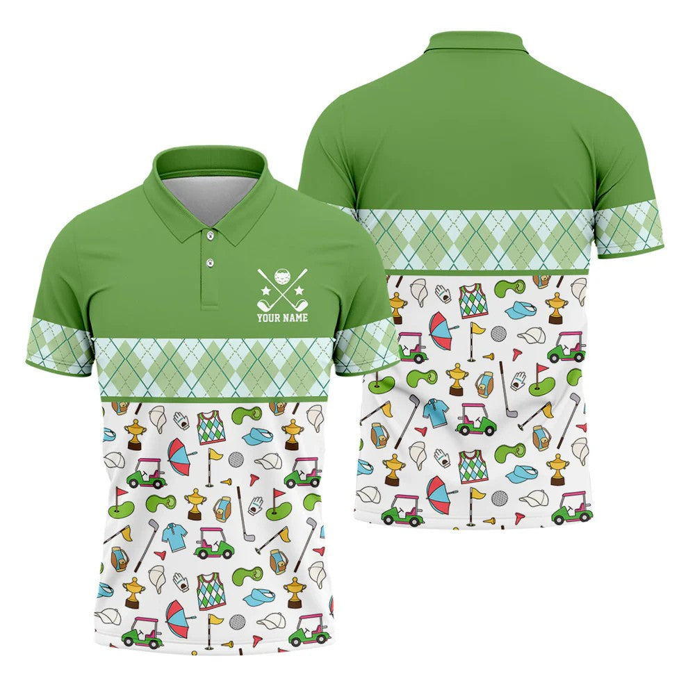 Custom Name Green Argyle Golf Icons Pattern Golf Shirt, Mens Golf Polo, Golf Shirts For Men, Printed Golf Shirts