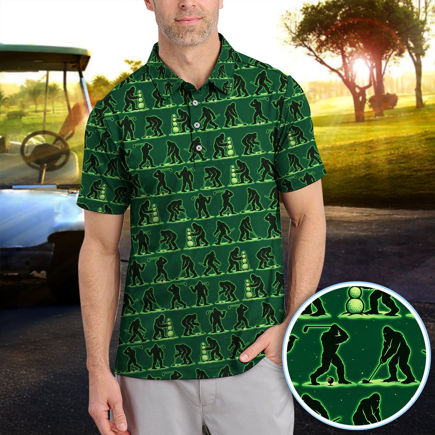 Funny Bigfoot Golf Shirt, Sasquatch Golf Pattern Polos For Men, Crazy Golf Gift For Golfer