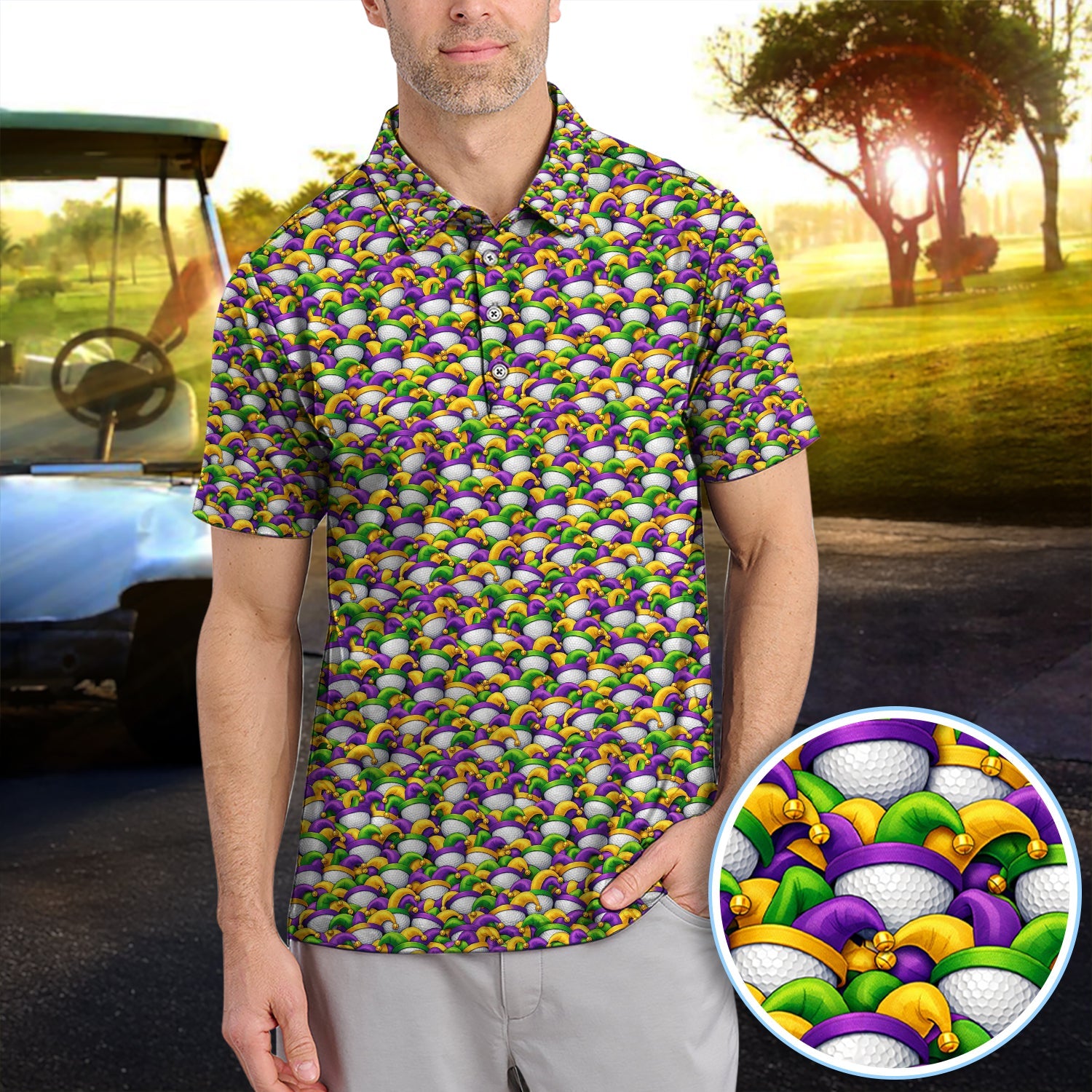 Carnival Golf Pattern Polos, Mardi Gras Golf Shirt For Golfer, Golf Gift For Men