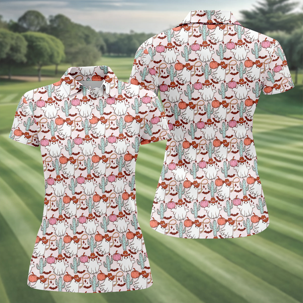 Cowgirl Ghost Howdy Halloween Fun Women's Golf Shirts, Cute Golf Outfit, Ladies Golf Polos