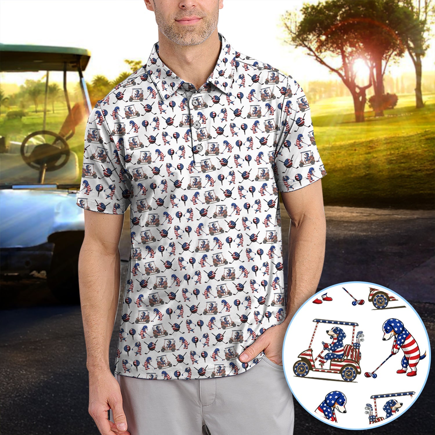 Patriotic Dachshund Golf Polos, USA Flag With Wiener Dog Pattern Golf Shirt, Funny Golf Gift For Golfer