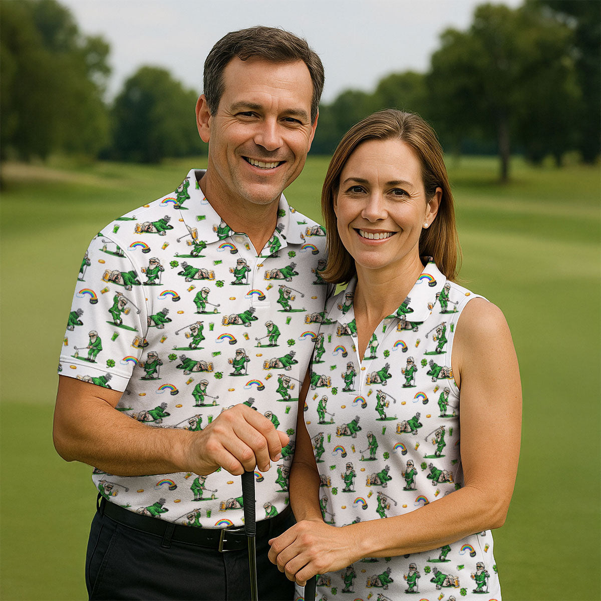 St Patrick's Day Leprechaun Character Golf And Beer White Golf Shirt, Fun Women's Golf Shirts, Ladies Golf Polos