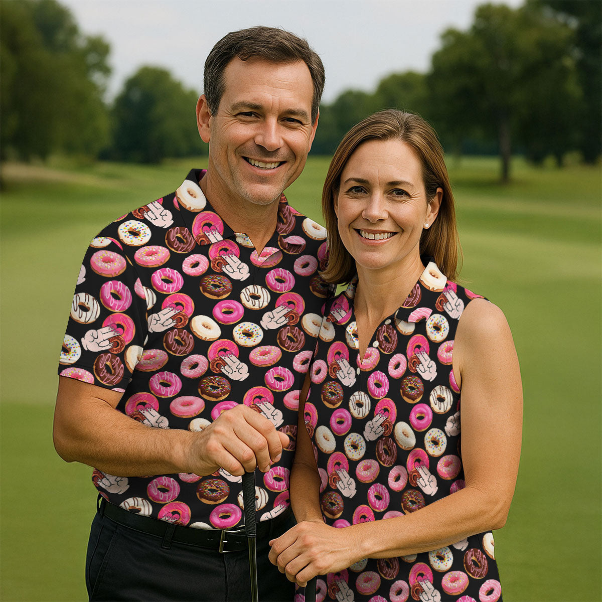 Funny Donut Adult Humor Black And Pink Fun Women's Golf Shirts, Women's Golf Tops, Ladies Golf Shirts