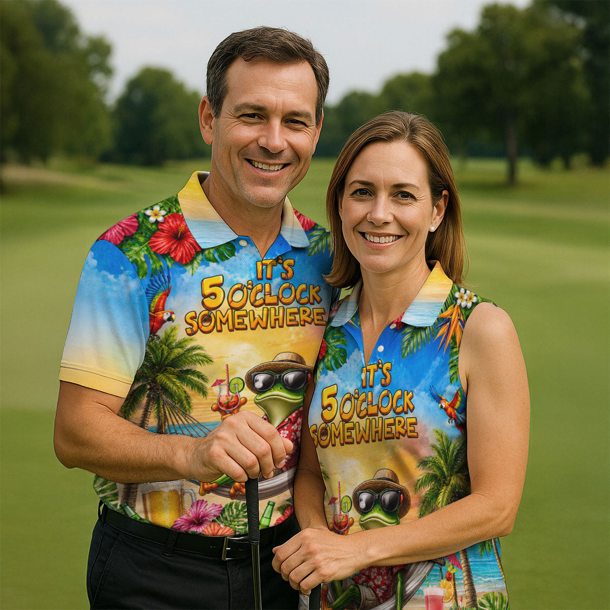 Funny Tropical Frog Drinking Hawaiian Golf Shirt, Mens Golf Polo, Printed Golf Shirts