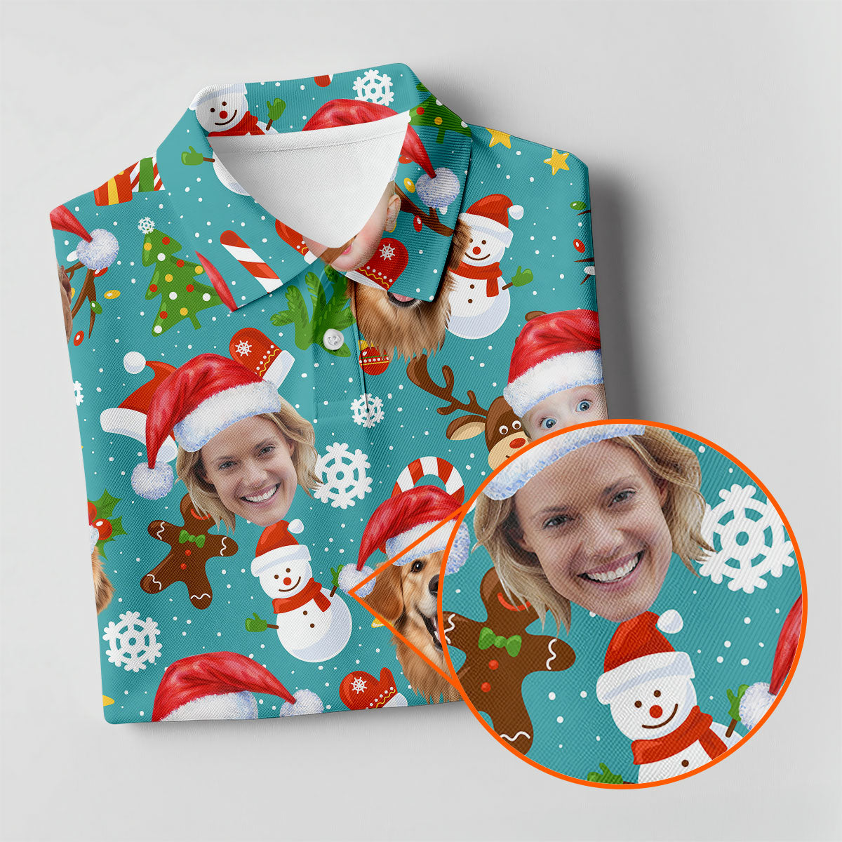 Custom Face Cute Christmas Pattern Teal Golf Shirt, Christmas Golf Shirt, Golf Gifts For Women