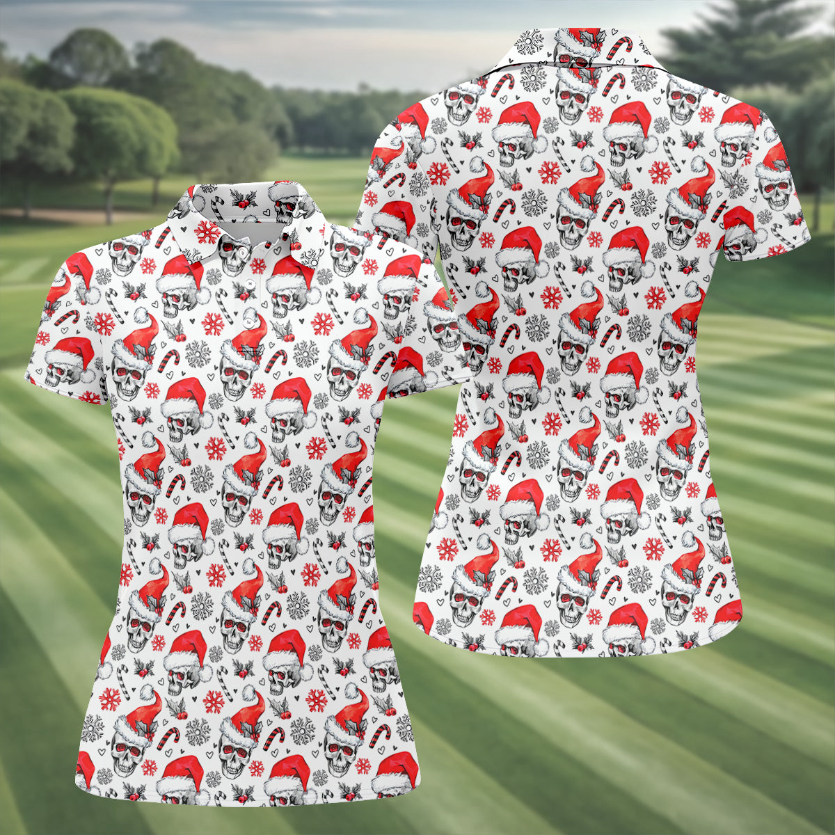 Skull Christmas Women's Golf Shirts, Funny Horror Ladies Golf Tops, Christmas Golf Shirt, Golfing Apparel