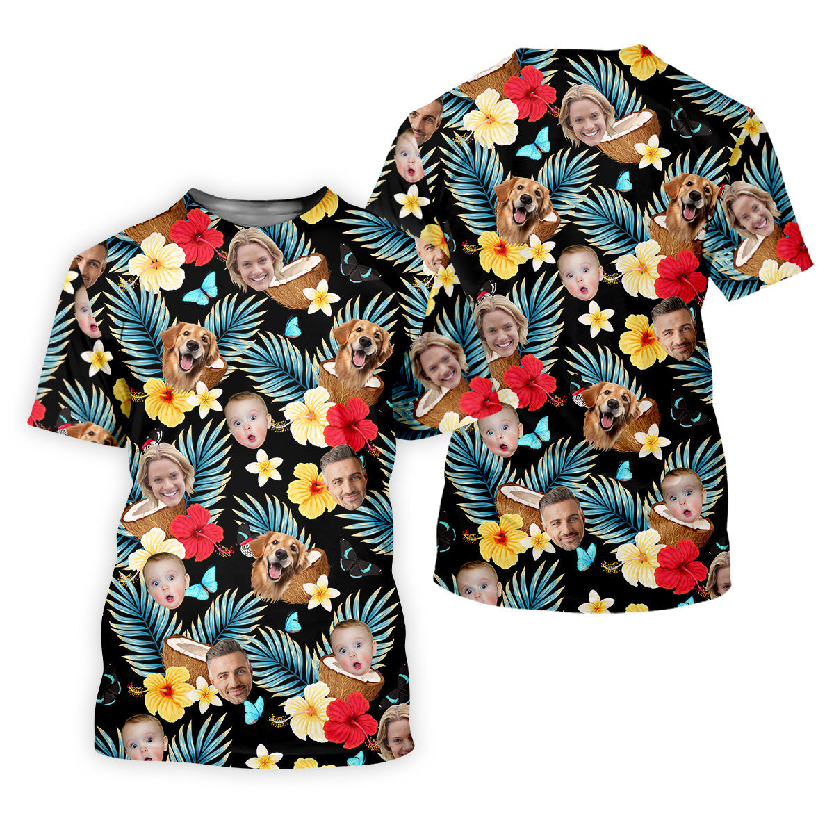 Red And Yellow Hibiscus, Womens Black Golf Shirt, Custom Face Shirt, Ladies Floral Shirt, Ladies Golf Polos