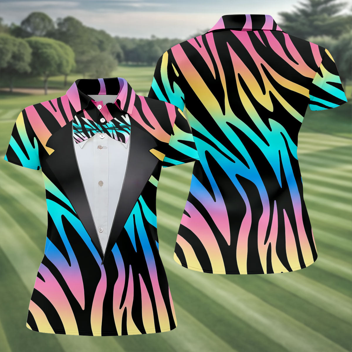 Colorful Zebra Funny Costume Hawaiian Golf Shirt, Ladies Golf Tops, Golf Shirt For Women