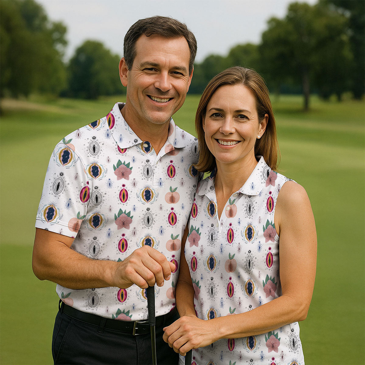 Abstract Peach Botanical Pattern Golf Shirt, Mens Golf Polo, Golf Apparel For Men