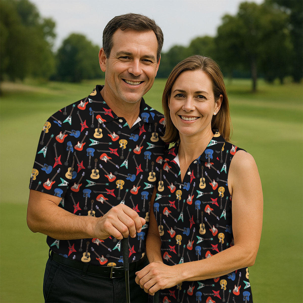 Electric Guitar Pattern Black Golf Shirt, Women’s Golf Polo, Golf Shirts For Women, Printed Golf Shirt
