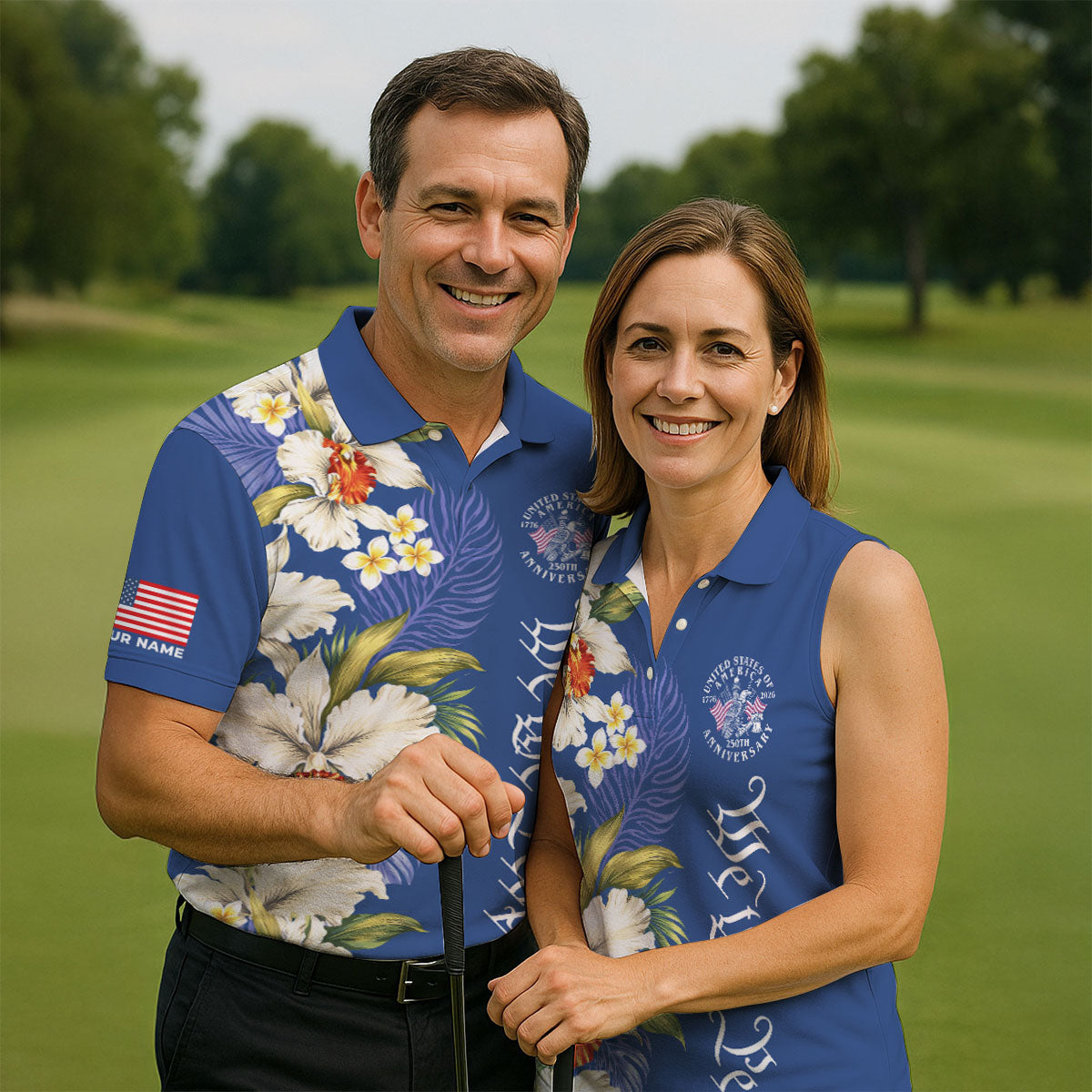 We The People Floral Pattern US Flag Golf Shirt, 250 Years 4th Of July Golf Shirt For Women