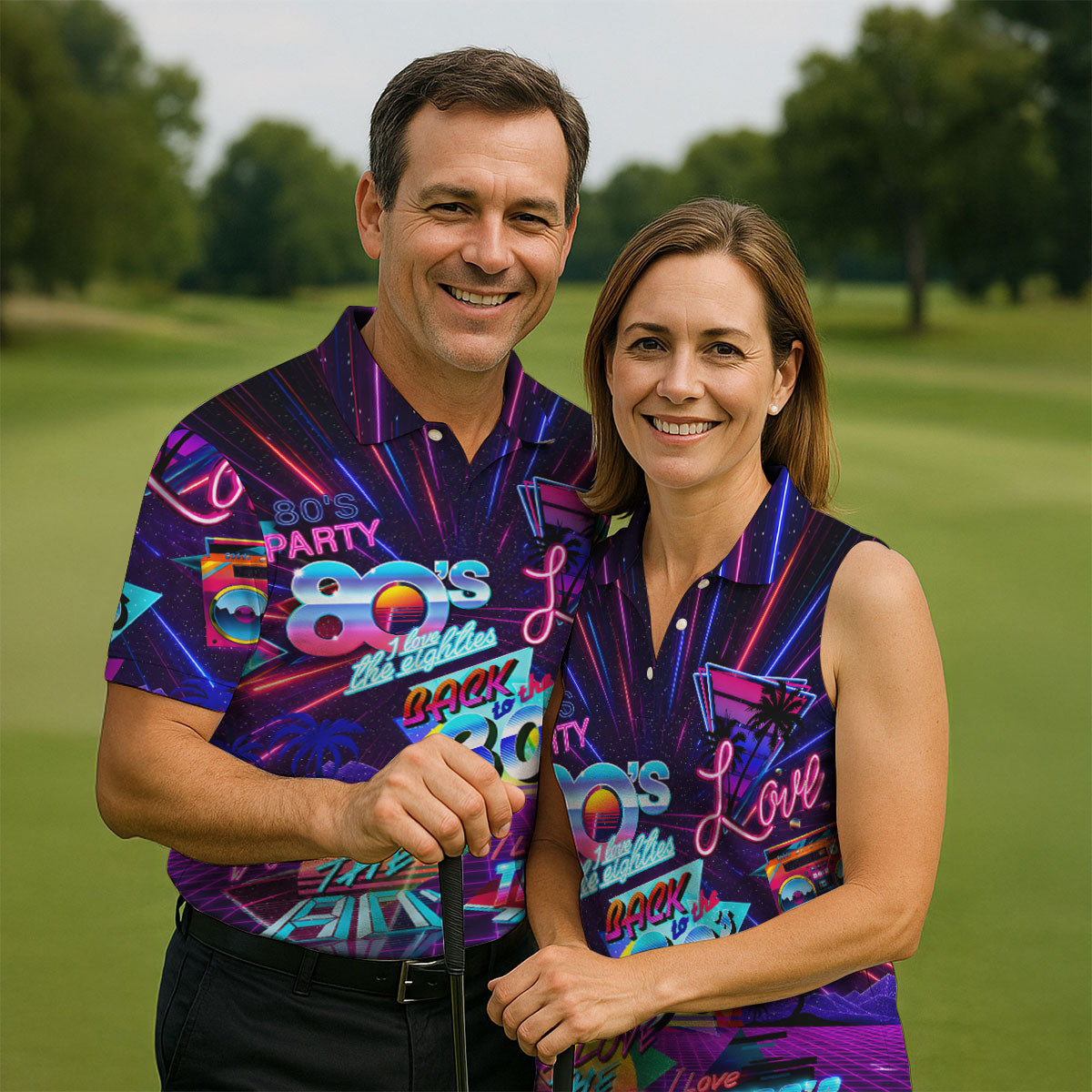 80s Retro Party Golf Shirt, Neon Synthwave Sunset Pattern, Golf Shirt For Men