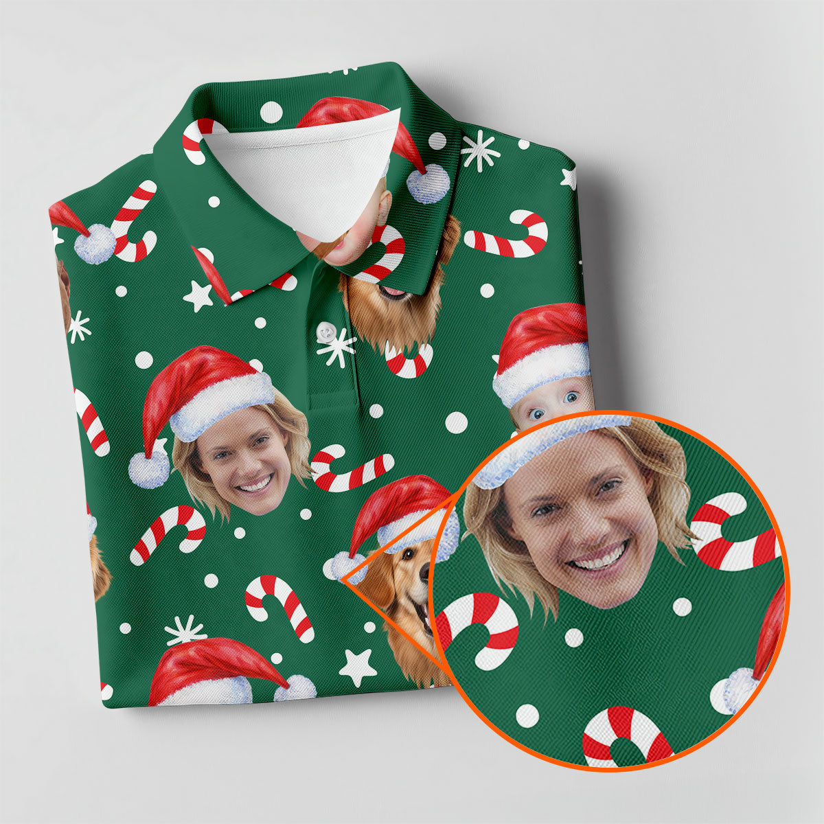 Custom Face Candy Cane Pattern Green Golf Shirt, Christmas Golf Shirt, Women's Golf Tops, Ladies Golf Shirts