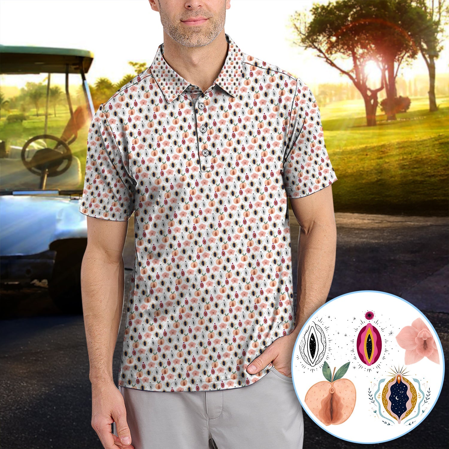 Abstract Floral Art Pattern Golf Polos, Crazy Golf Shirt For Men, Funny Golf Gift For Golfer