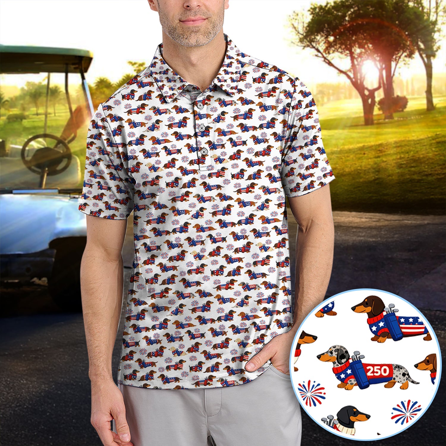 America 250 Dachshund Golf Polos, Funny Patriotic Wiener Dog 250th Golf Shirt, Golf Gift For Men