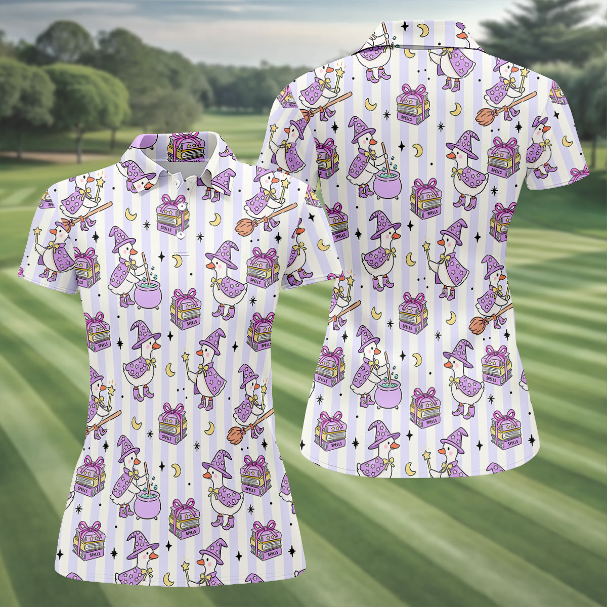 Halloween Witch Goose Purple Pastel Fun Women's Golf Shirts, Cute Golf Outfit, Ladies Golf Polos