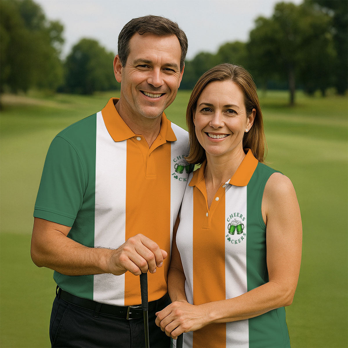 Green Orange White Vertical Stripes St Patrick's Day Golf Shirt, Women's Golf Tops, Ladies Golf Shirts