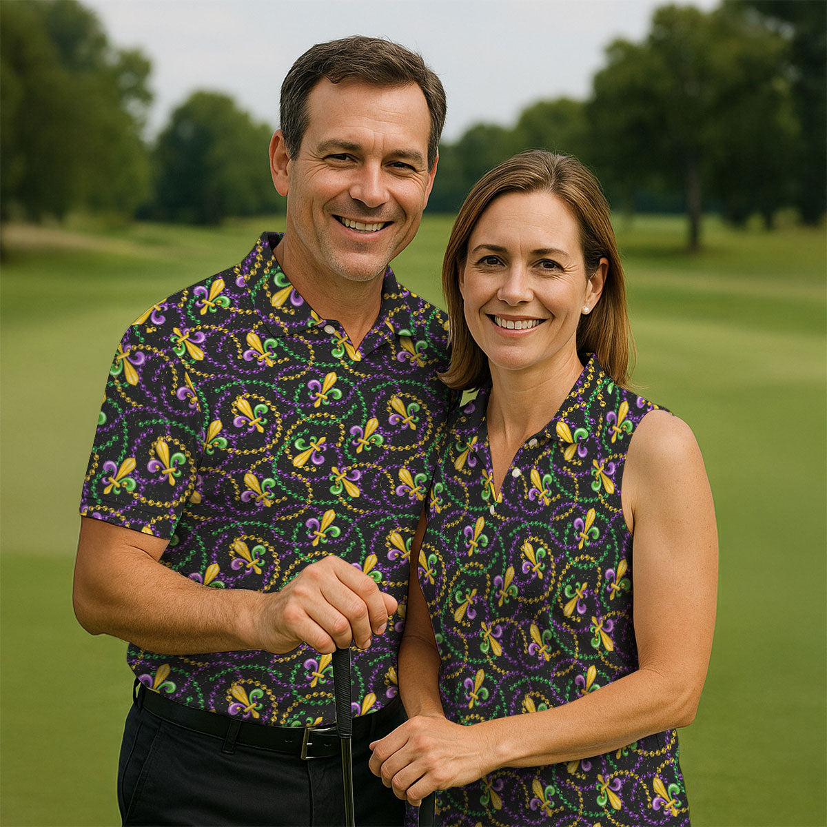 Mardi Gras Beads Purple Green Gold Fleur De Lis Women's Golf Tops, Ladies Golf Polos, Golf Shirt For Women