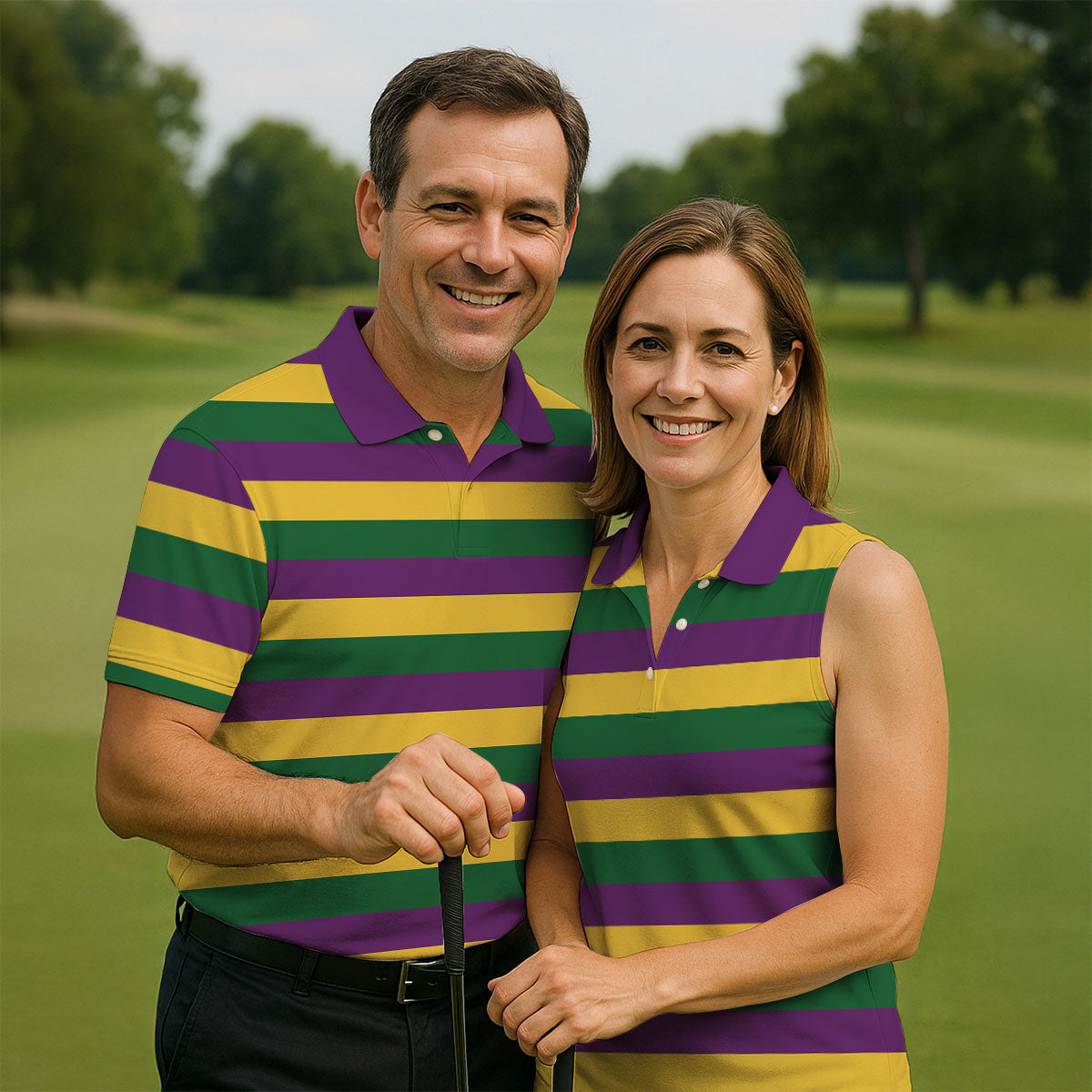 Gold Purple Green Mardi Gras Stripe Pattern Women Golf Top, Festive Ladies Golf Tops, Ladies Golf Shirts