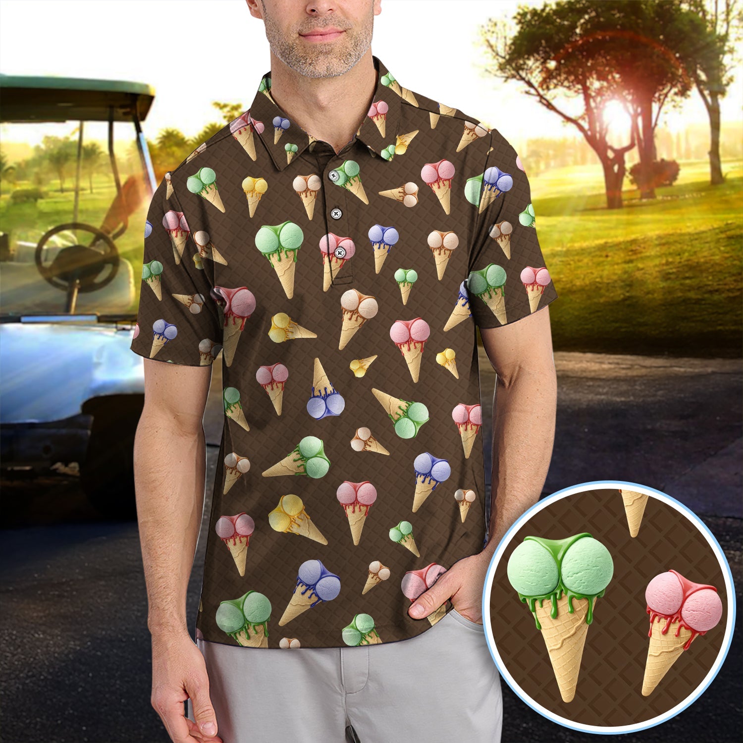 Ice Cream Pattern Golf Polos, Funny Golf Shirt For Golfer, Golf Gift For Men