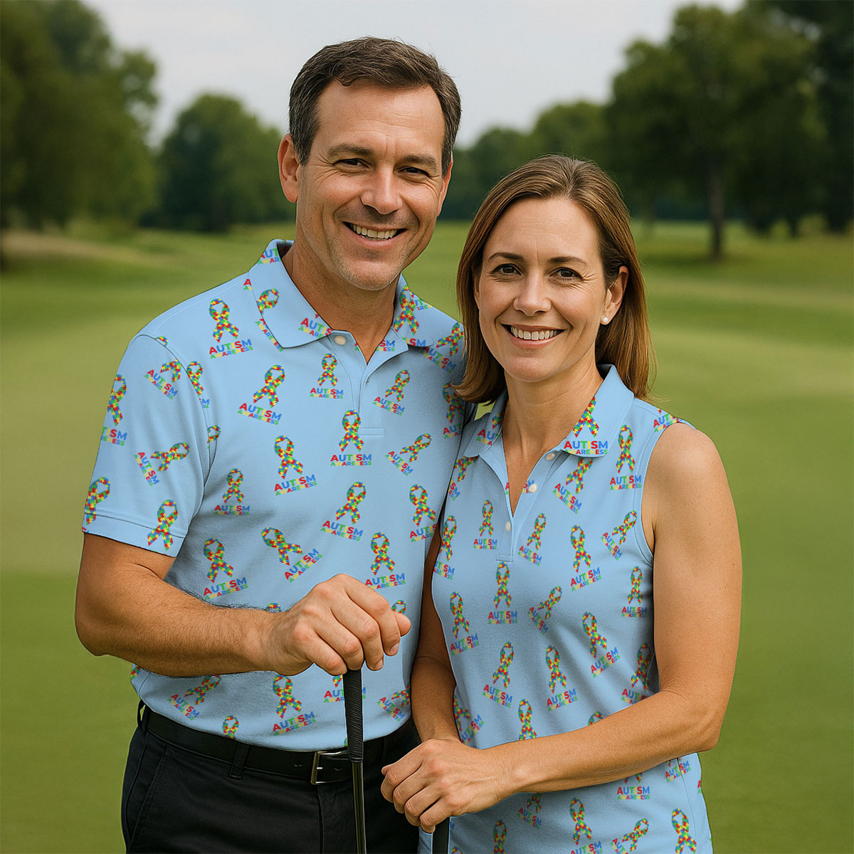 Autism Awareness Colors Autism Ribbon Blue Golf Shirt, Women's Golf Tops, Ladies Golf Polos