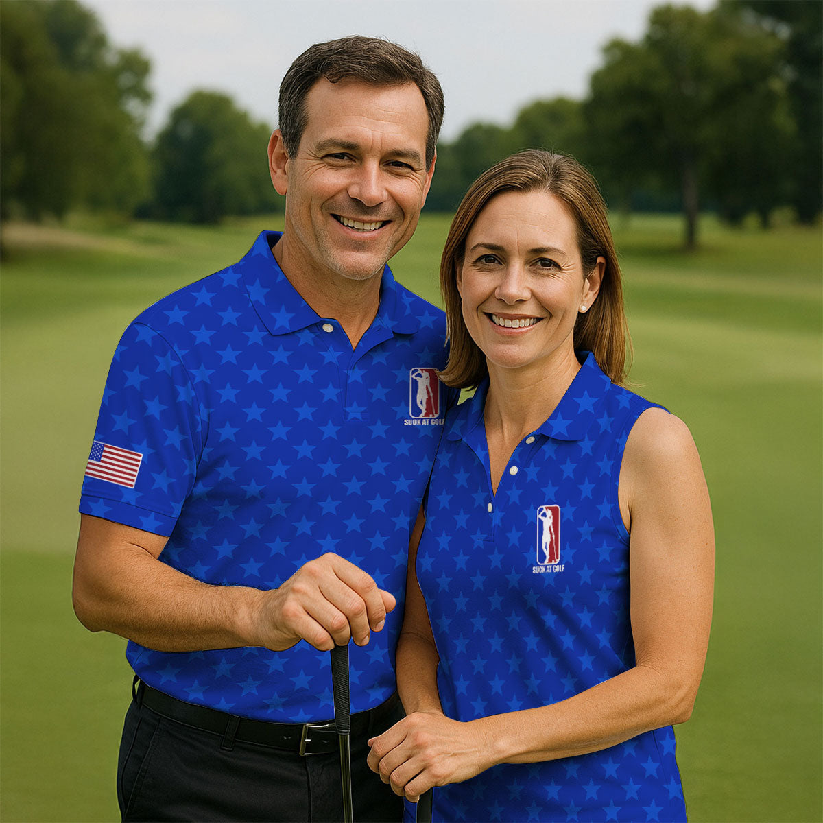Suck At Golf Patriotic 4th Of July Stars Pattern Blue Golf Shirt, 250th Anniversary Golf Shirt For Women