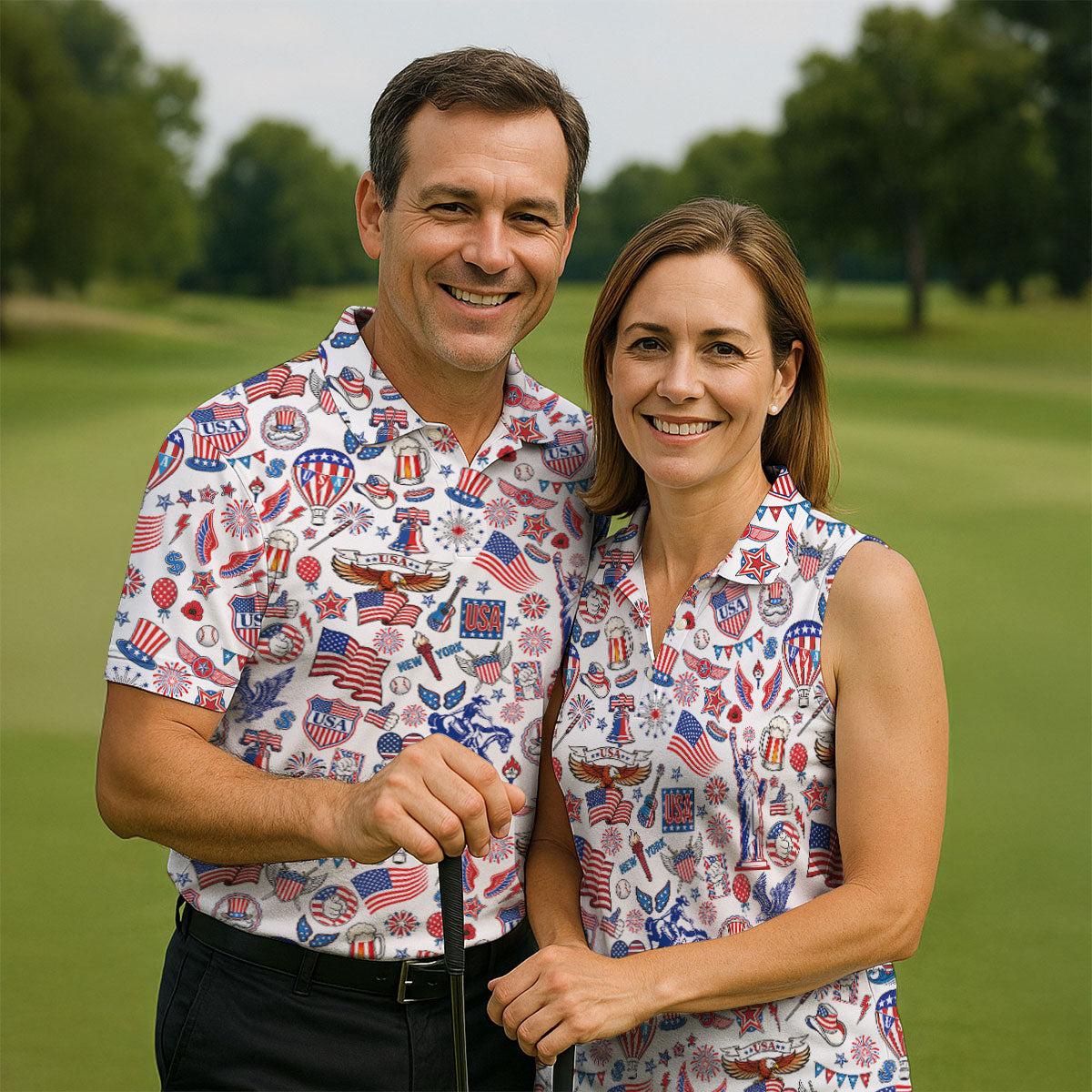 250 Celebration US Flag Pattern Ladies Golf Tops, Patriotic 4th Of July Golf Shirt For Women