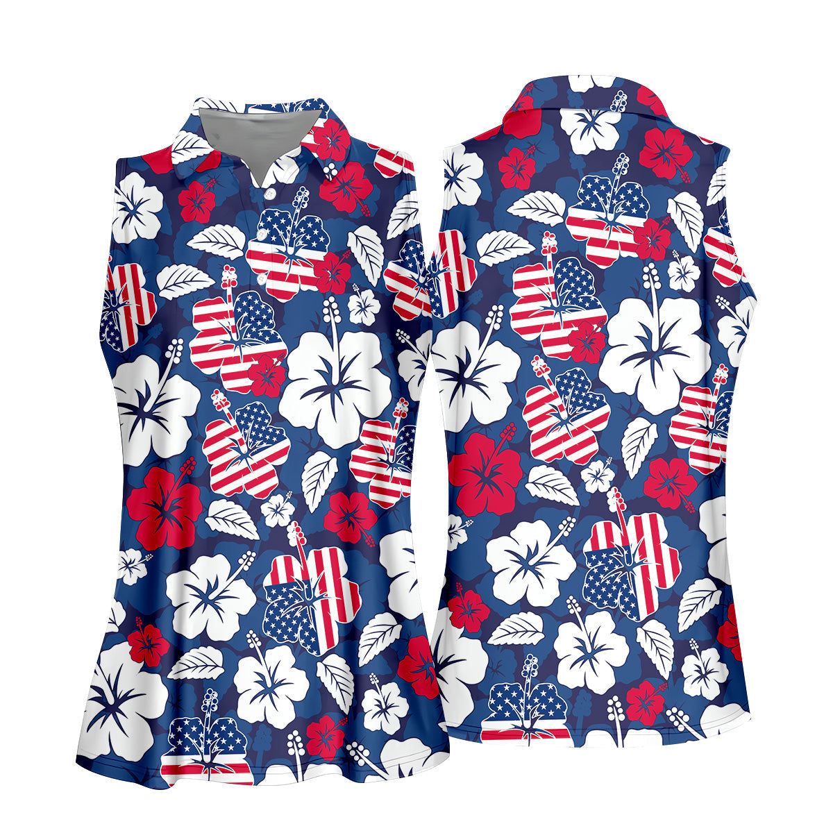 Tropical Hibiscus American Flag Womens Golf Polo Shirt Patriotic Golf Shirt, USA Golf Shirt Custom Ladies Golf Shirt