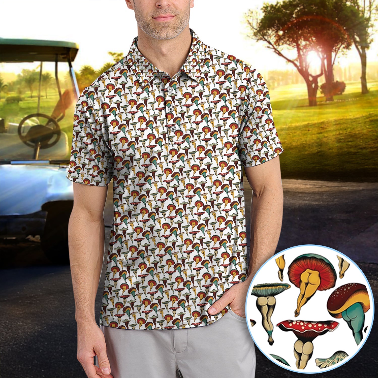 Vintage Mushroom Pattern Golf Shirt, Funny Golf Polos, Crazy Golf Gift For Golfer