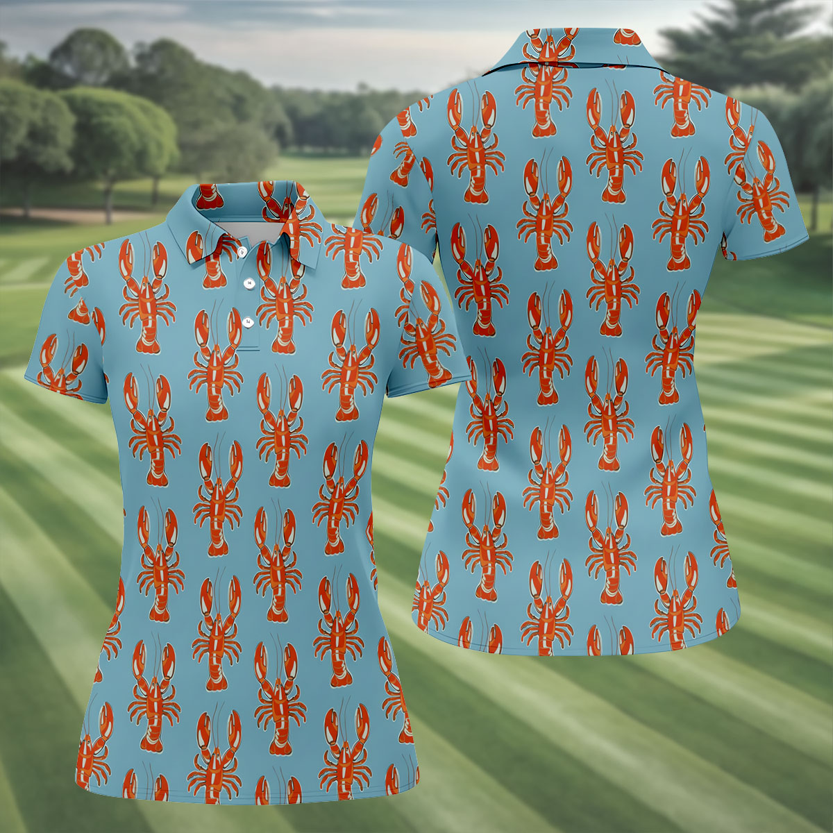 Orange Lobsters Light Blue Mardi Gras Golf Shirt, Women's Golf Shirts, Women's Golf Tops, Ladies Golf Shirts