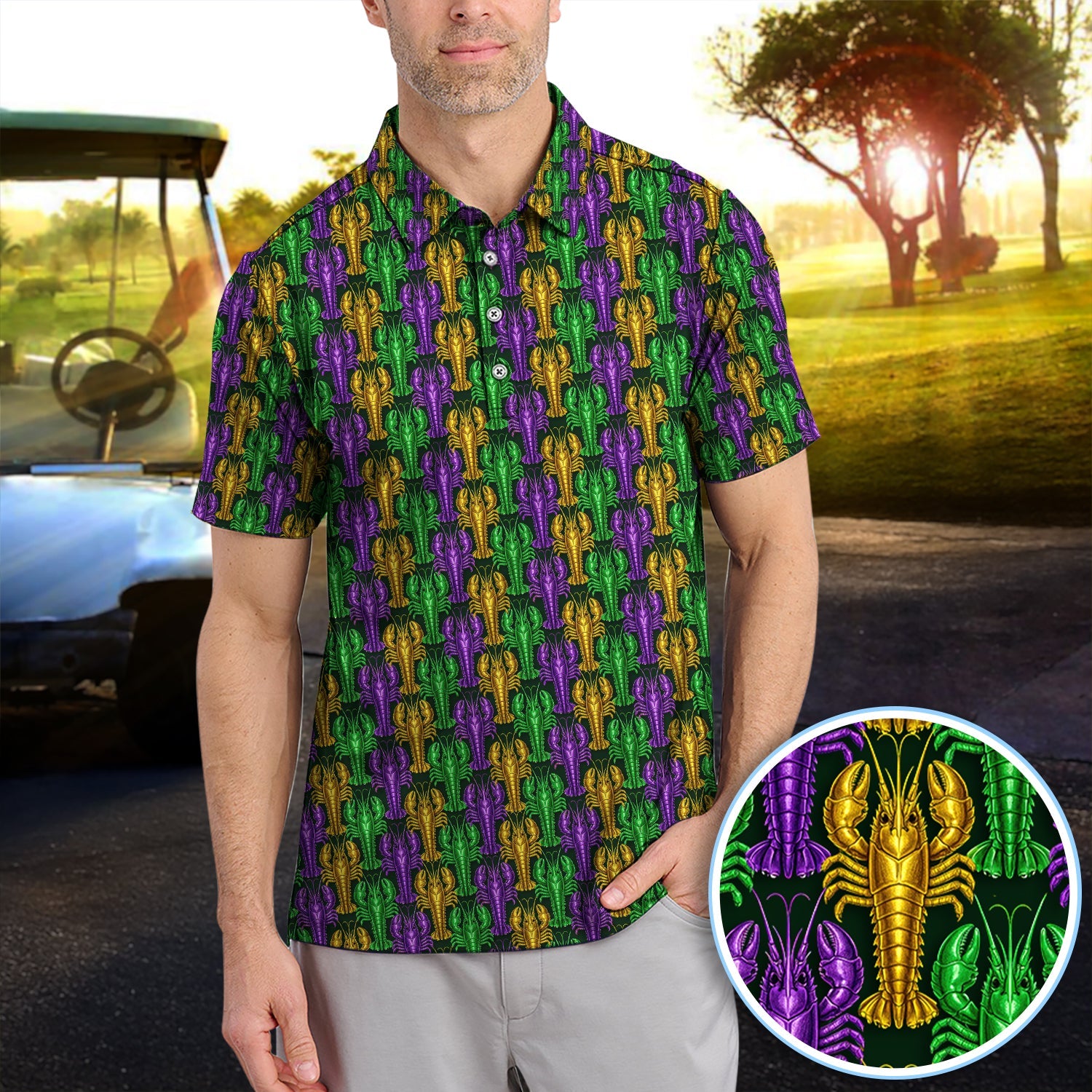 Mardi Gras Crawfish Pattern Golf Polos, Carnival Golf Shirt For Golfer, Golf Gift For Men