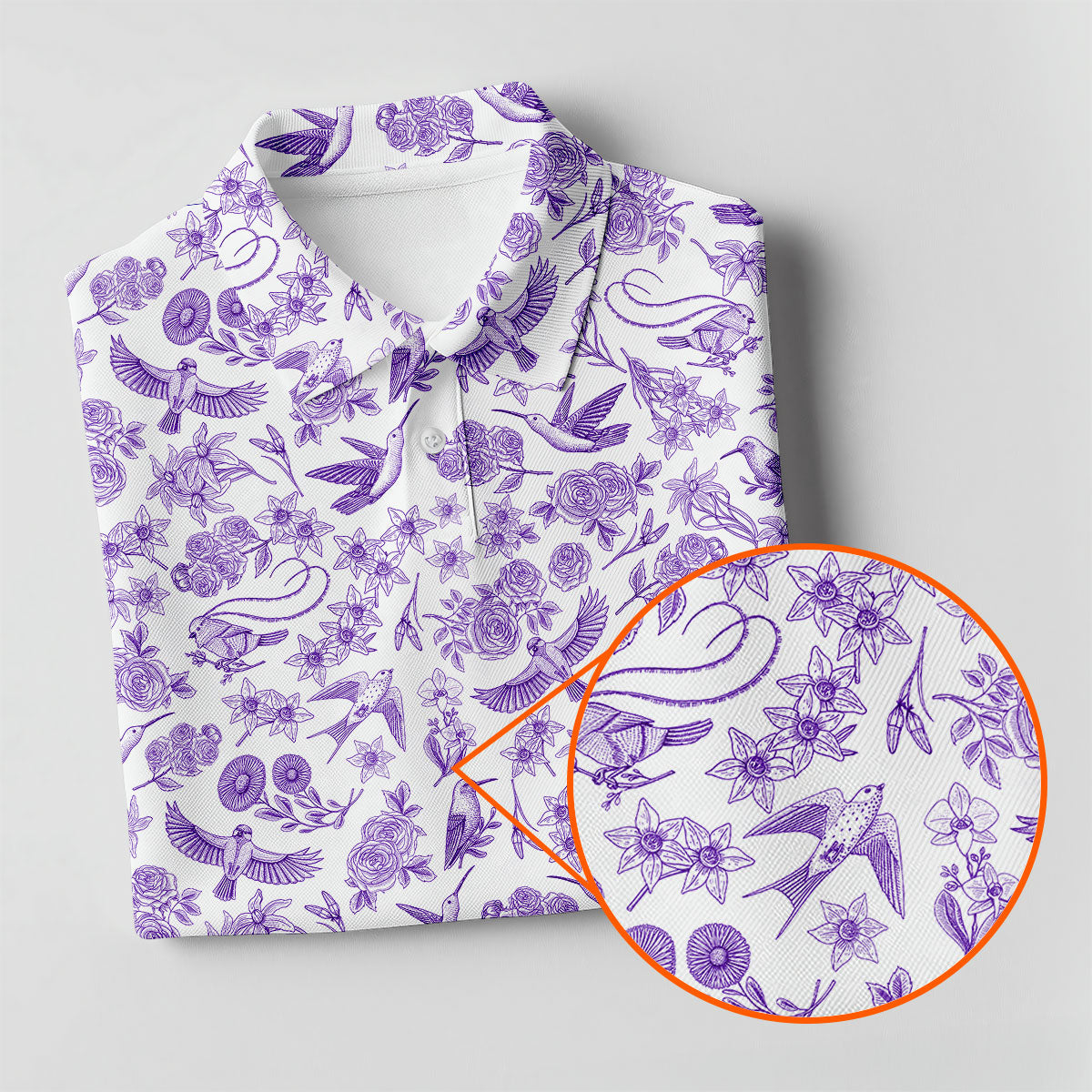 Custom Name Toile de Jouy Birds And Flowers Purple And White Women Golf Top, Ladies Golf Polos