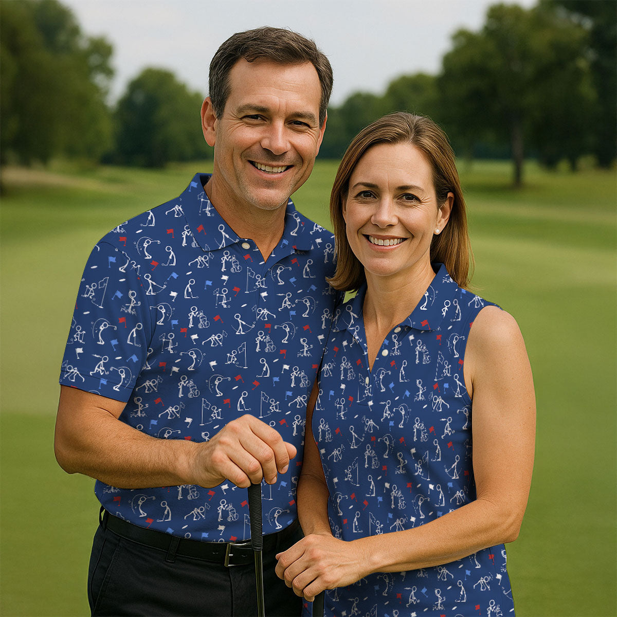 Funny Stick Figure Golf Pose Red White Blue Patriotic Golf Shirt, 250th Anniversary Women's Golf Tops