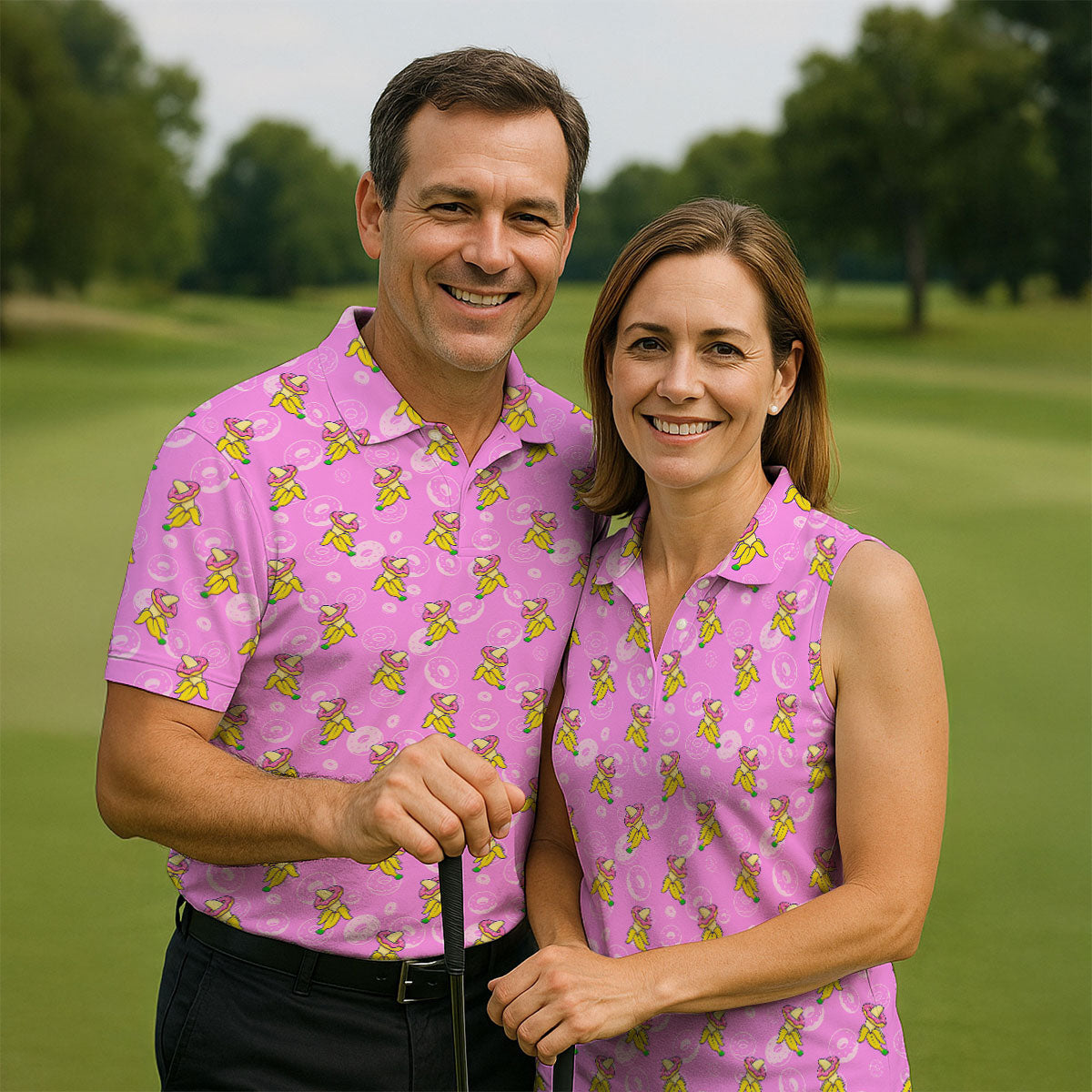 Banana And Donut Dirty Naughty Fun Women's Golf Shirts, Valentines Golf Gift, Hot Pink Color Ladies Golf Polos