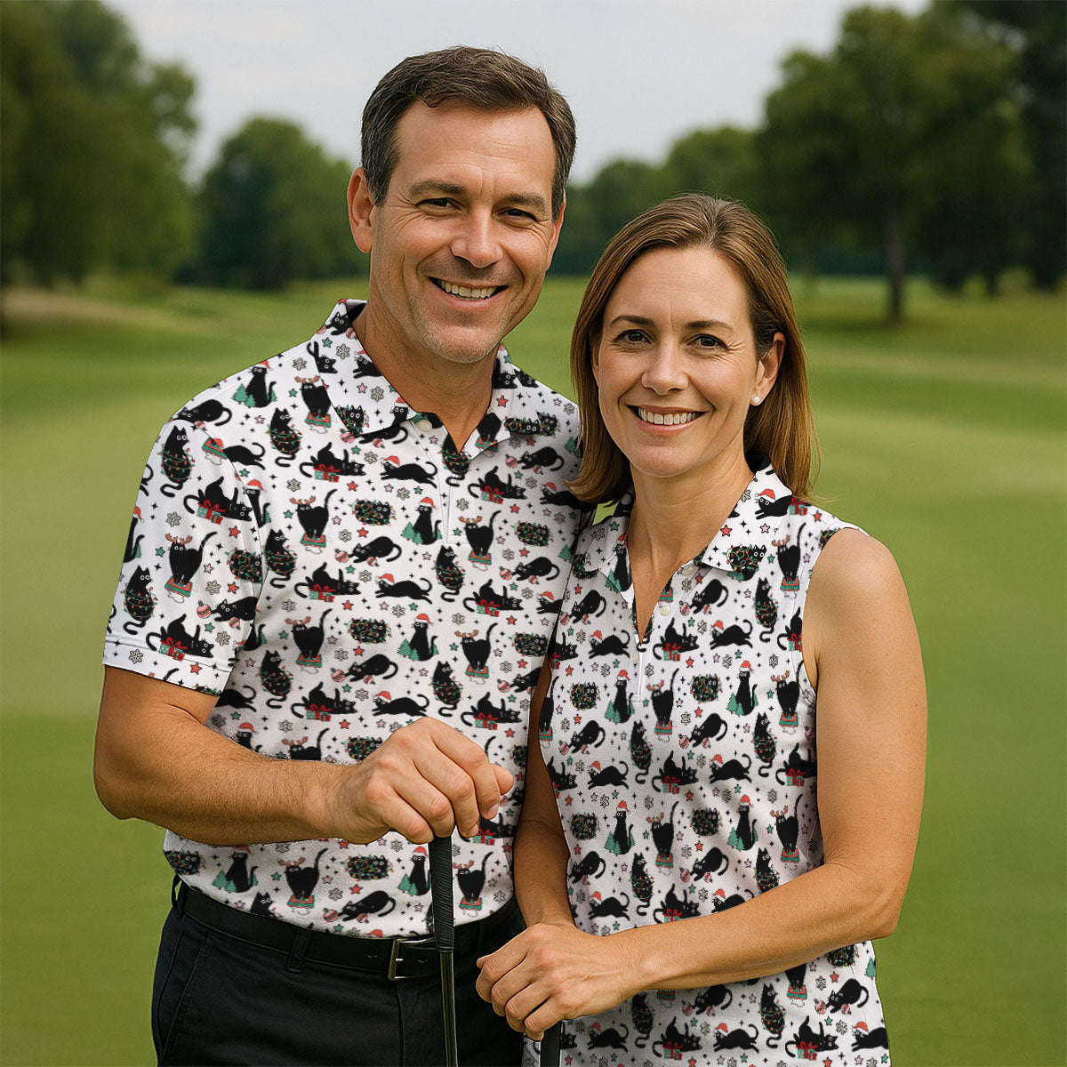 Xmas Black Cat Women's Golf Shirts, Ladies Golf Tops, Golf Gifts For Women, Christmas Golf Shirt