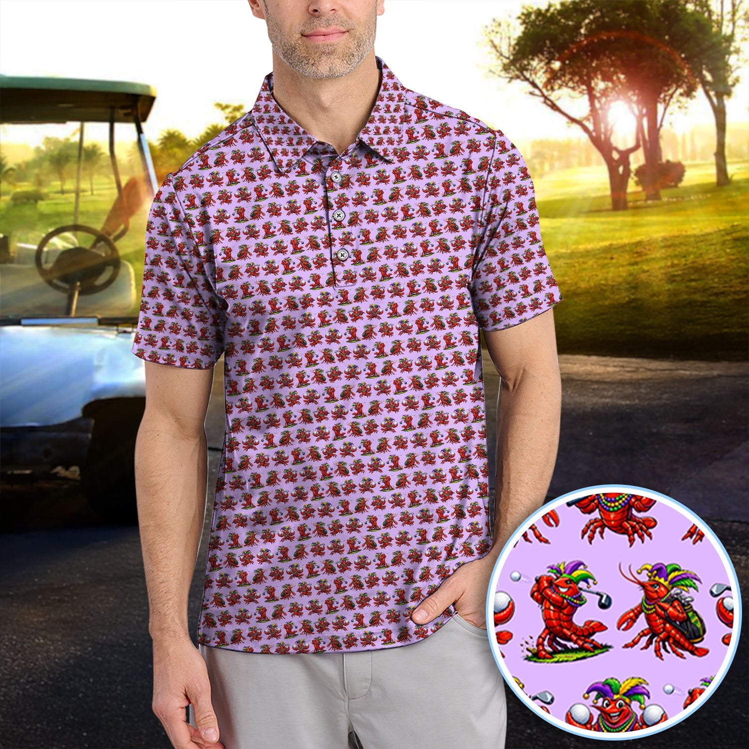 Festival Golf Polos For Golfer, Mardi Gras Crawfish Pattern Golf Shirt, Golf Gift For Men