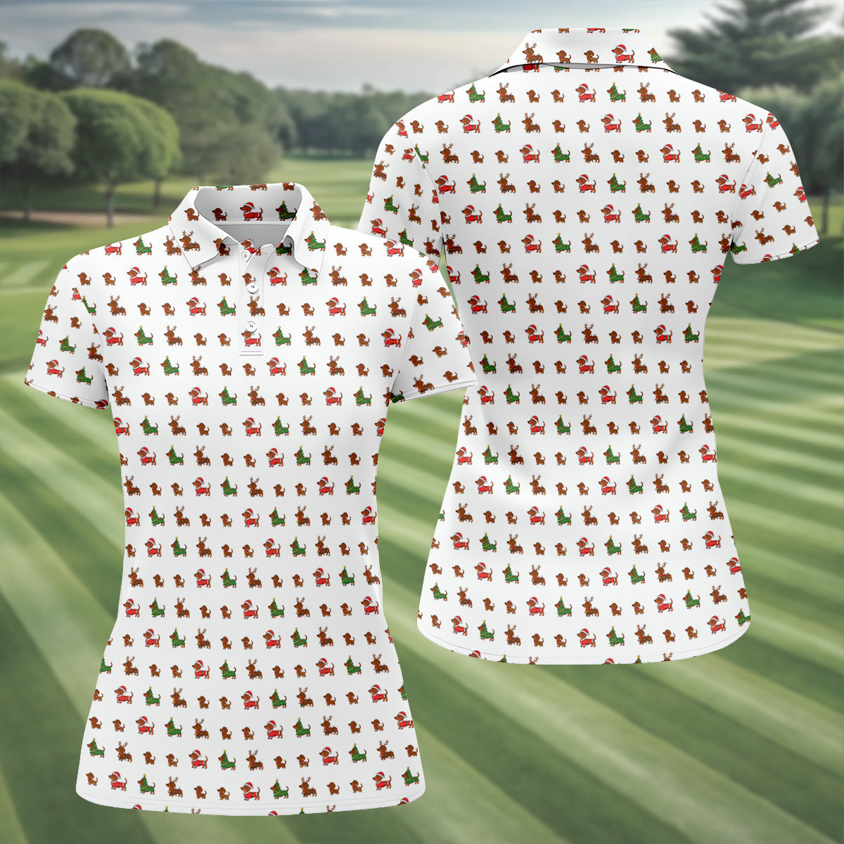 Christmas Dachshund Women's Golf Tops, Christmas Golf Shirt, Ladies Golf Polos, Golfing Apparel