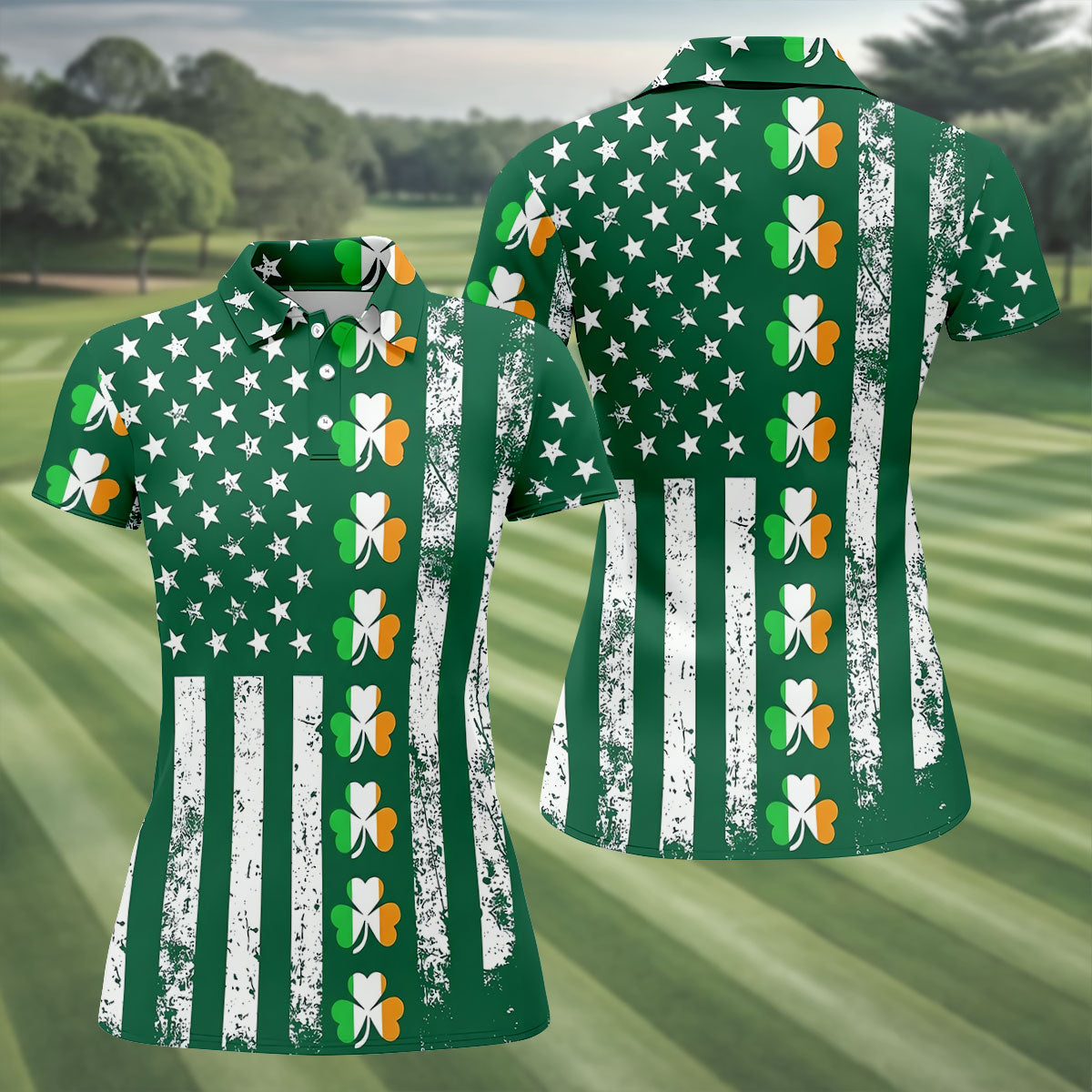 Irish Shamrock Vertical Stripes St Patrick's Day Golf Shirt, Women's Golf Shirts, Ladies Golf Polos