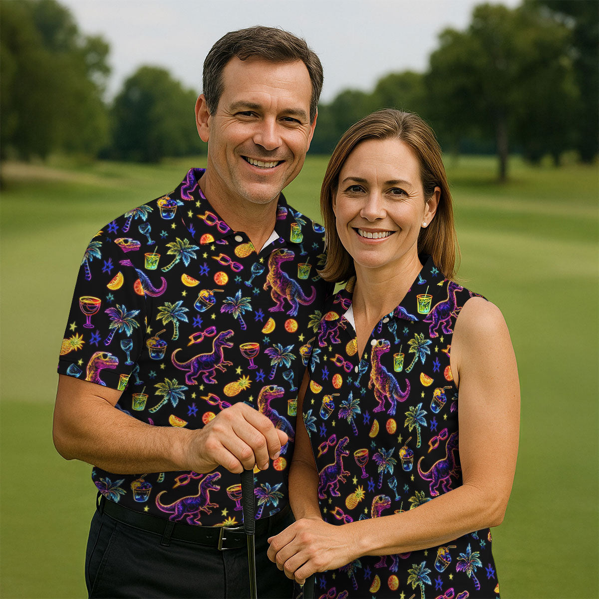 Neon Dinosaur Tropical Theme Hawaiian Golf Shirt, Golf Shirt For Women, Golfing Apparel