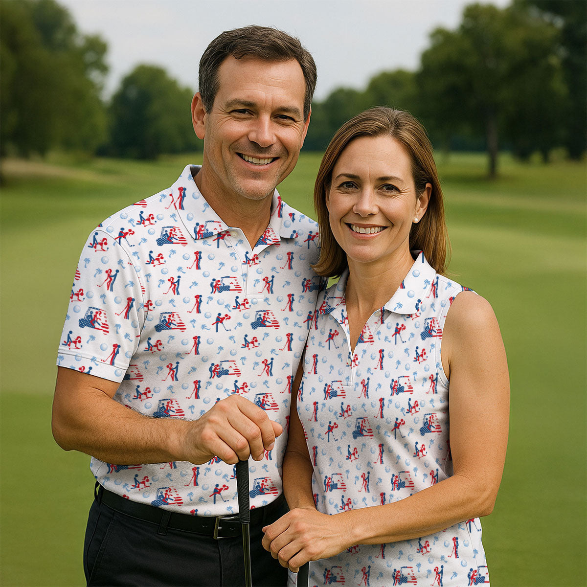 Naughty Couple Funny Stick Figures Patriotic Golf Shirt, 250 Years 4th Of July Golf Shirts For Men